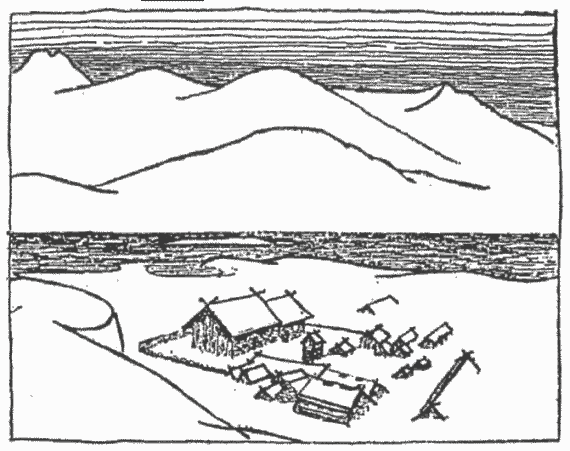 Фиг. 2. по Г. Джоунс. Гардар — селище на норманите. Графична реконструкция. vikingi_i_skrelingi_v_amerika_normansko_selishte.png