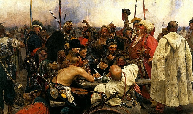 Запорожци пишат писмо до султана 1880–1891 г. Масл. бои, платно, 203 x 358 см. Ленинград, Руски музей. 3_zaporozhtzi.jpg