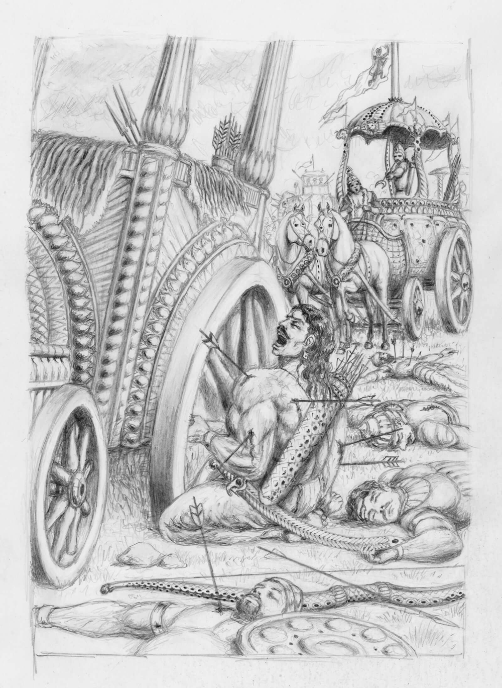 Лицето на Карна се покри с капки пот, докато се бореше с колелото. 17_mahabharata_pain.png